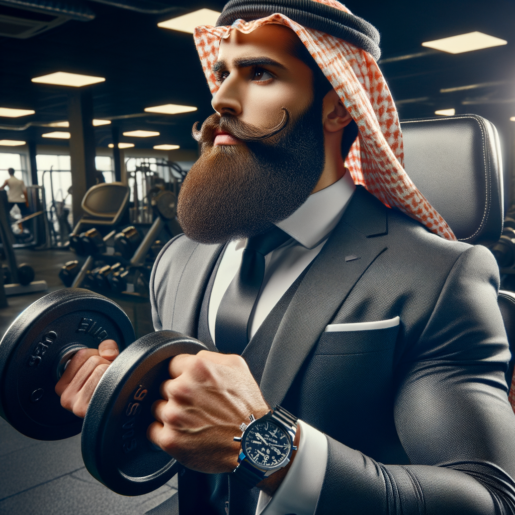 Fit male demonstrating beard growth exercises at the gym, highlighting the benefits of regular exercise on beard growth, boosting beard health and thickness.