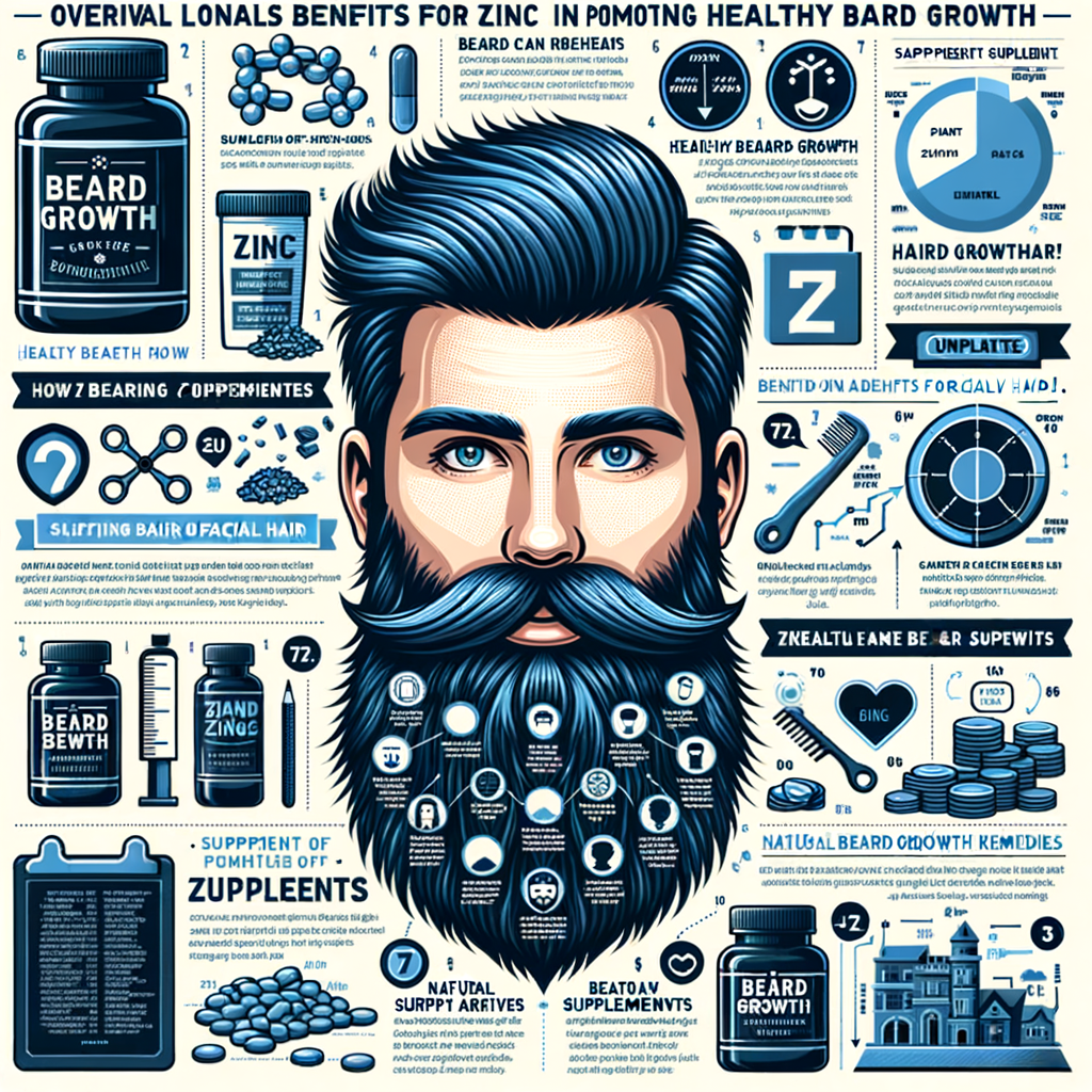 Infographic illustrating the role of zinc in promoting healthy beard growth, benefits of zinc for facial hair, importance of zinc in hair growth, and how zinc supplements can enhance beard health, along with natural beard growth remedies and tips for men's grooming.