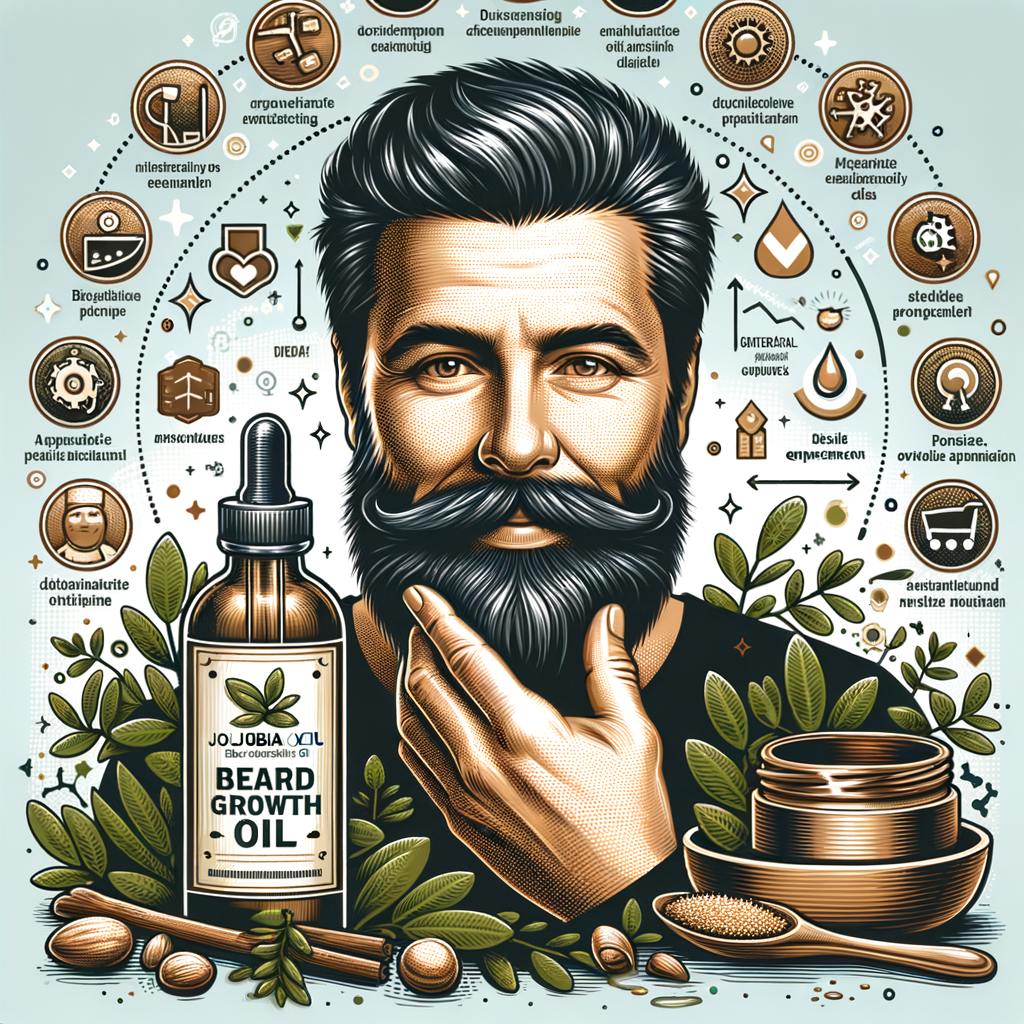Man applying Beard Growth Oil made from Jojoba, showcasing its benefits and effectiveness in promoting natural beard growth, with infographic elements highlighting Jojoba Oil uses and beard growth tips.