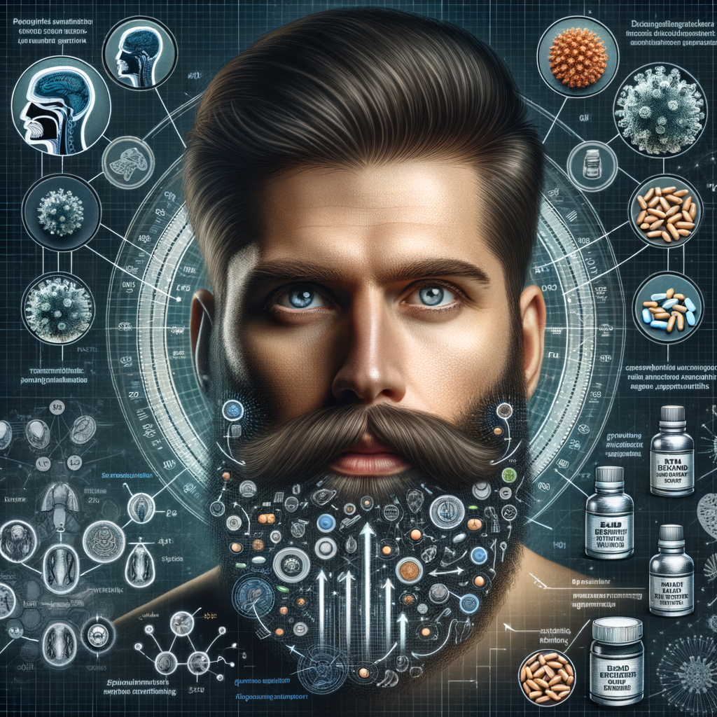 Scientific illustration of a bearded male face surrounded by beard growth supplements, vitamins, and pills, showcasing the science of beard growth, benefits of beard growth supplements, and positive beard growth supplement reviews for understanding beard growth.