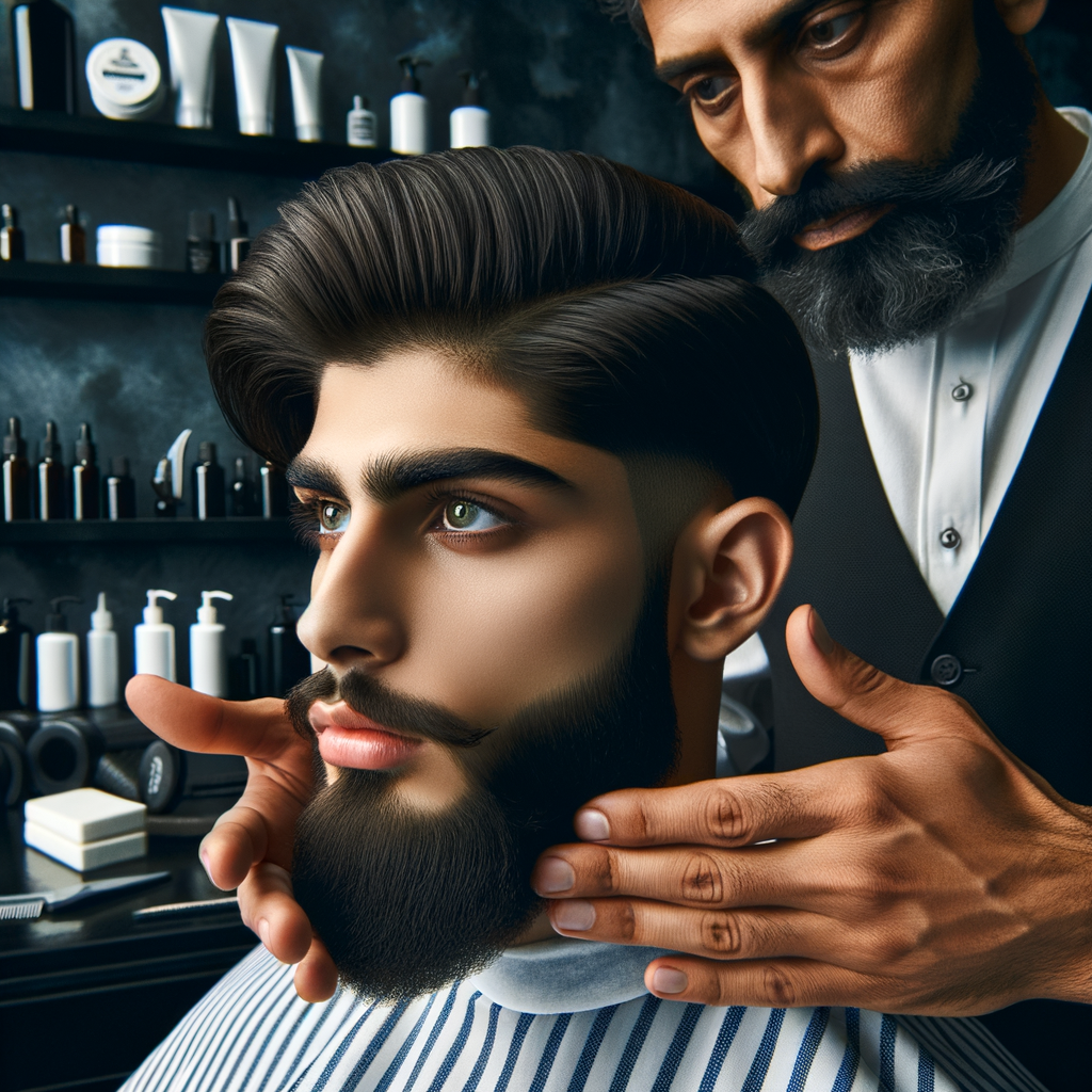 Master barber demonstrating beard grooming techniques for maintaining braided beards, showcasing the art of beard grooming and beard style tips in a well-equipped barbershop setting with a beard maintenance guide and beard care products.