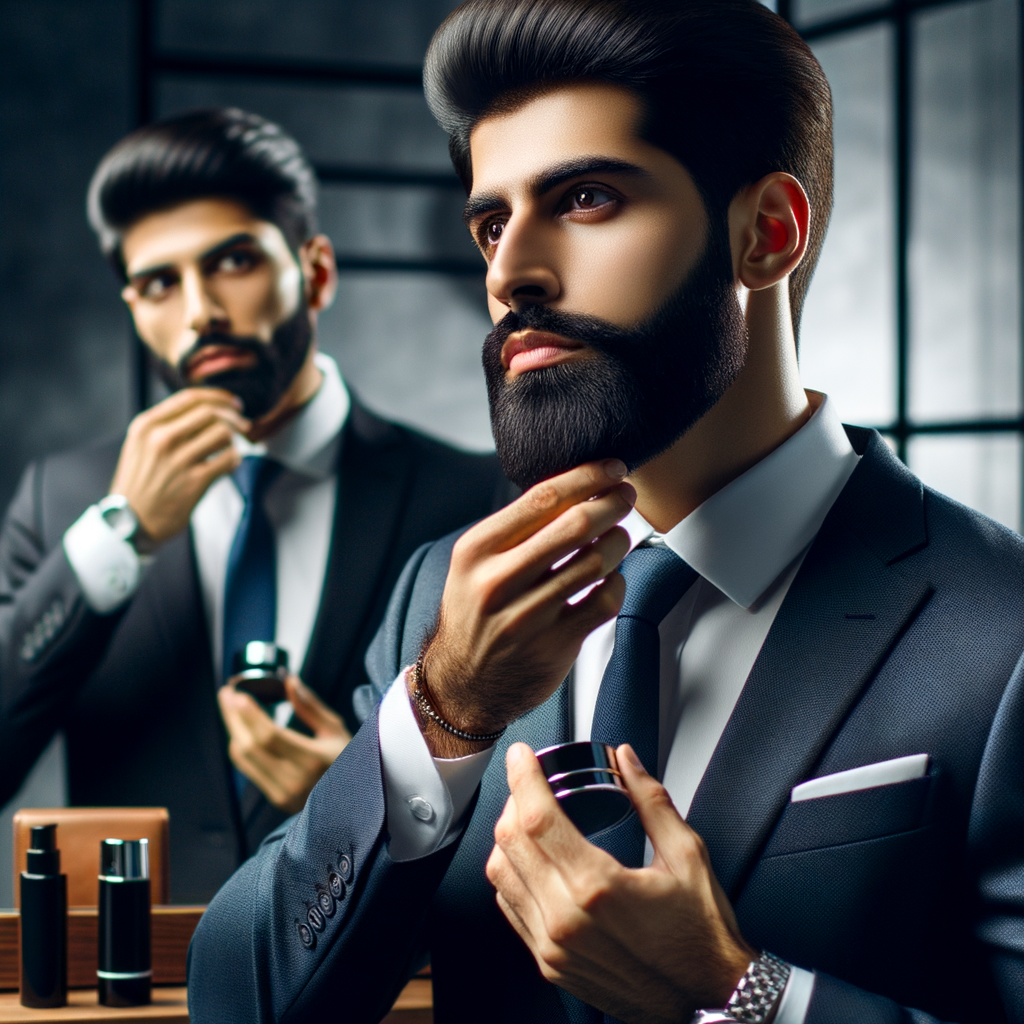 Professional man practicing corporate beard grooming and maintaining a clean, polished beard using premium products, showcasing secrets to professional beard maintenance in the corporate world.