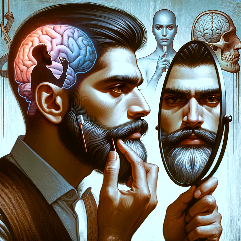 Man grooming his beard reflecting the psychological effects and emotional impact on mental health and self-esteem, showcasing the psychology behind beard grooming and its benefits on personal identity and mental wellbeing.