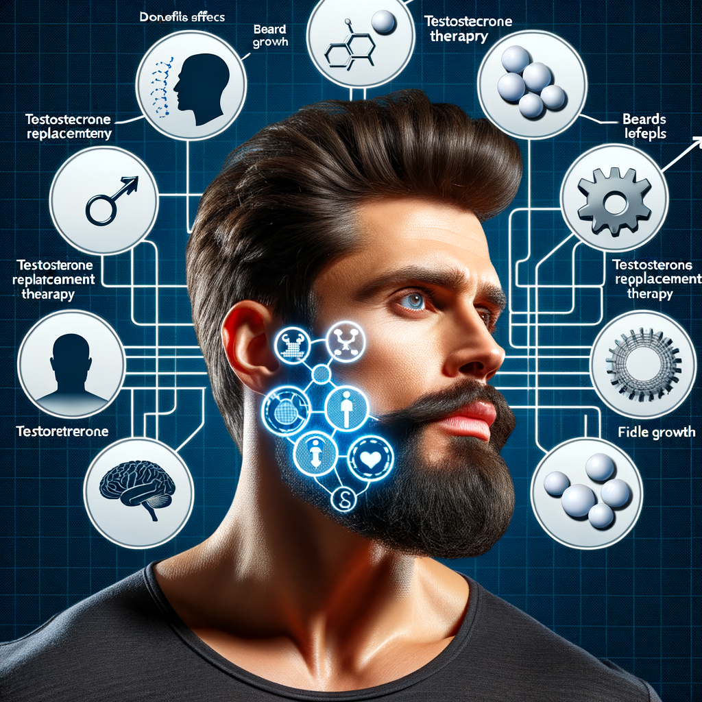 Diagram illustrating the link between Testosterone Replacement Therapy and Beard Growth, highlighting benefits, side effects, and the impact on male facial hair growth for Beard Growth Treatment