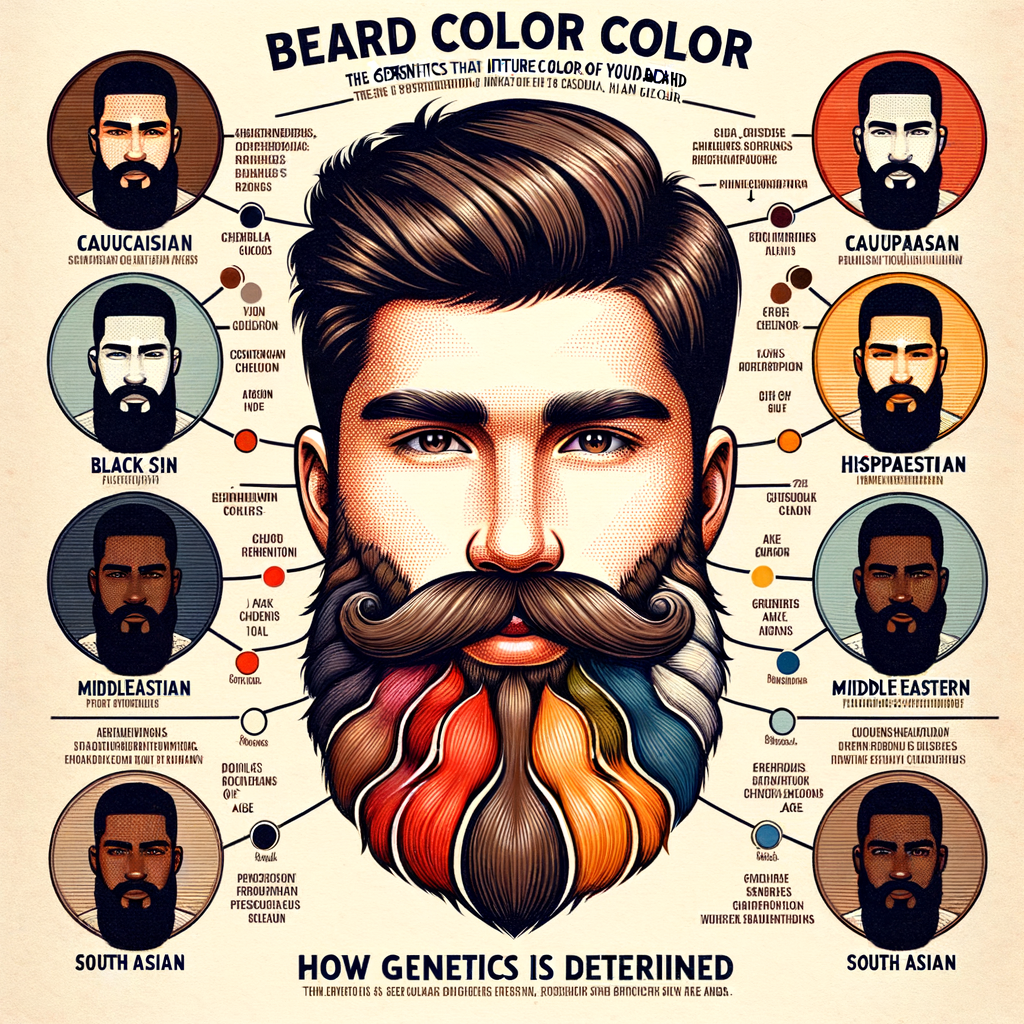 Infographic explaining beard color genetics, factors influencing beard color, beard pigmentation, and beard color determination process, highlighting unique beard color variations, the role of genetics in facial hair color, the impact of ethnicity and age on beard color change.
