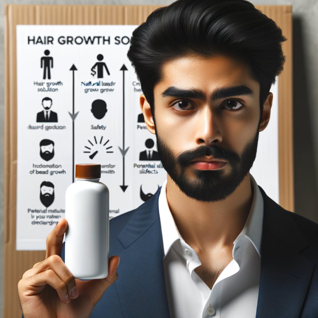 Professional man studying Minoxidil for beard growth, highlighting safety, side effects, and effectiveness, with natural beard growth tips and Minoxidil usage results in the background.