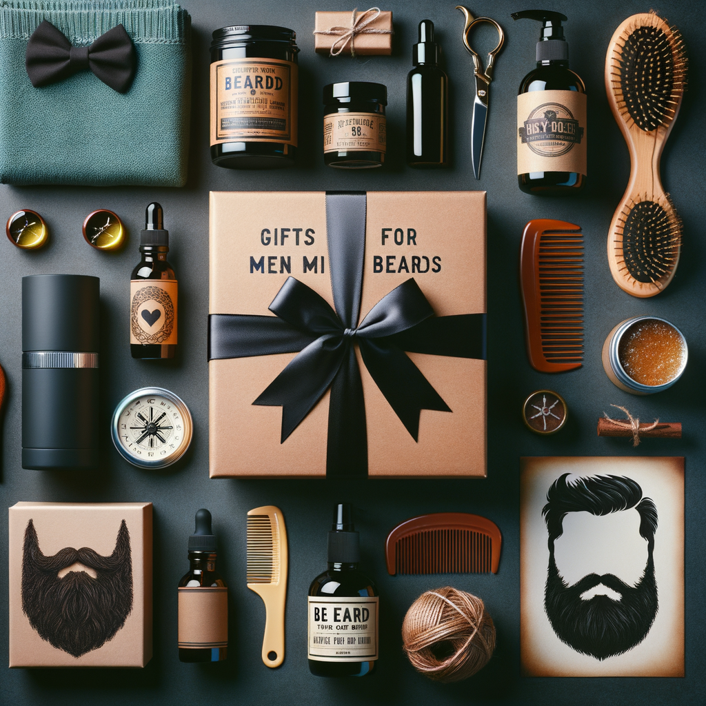 Flat lay showcasing unique and thoughtful gifts for men with beards including beard care products and beard-themed presents, ideal for a comprehensive gift guide for bearded men.